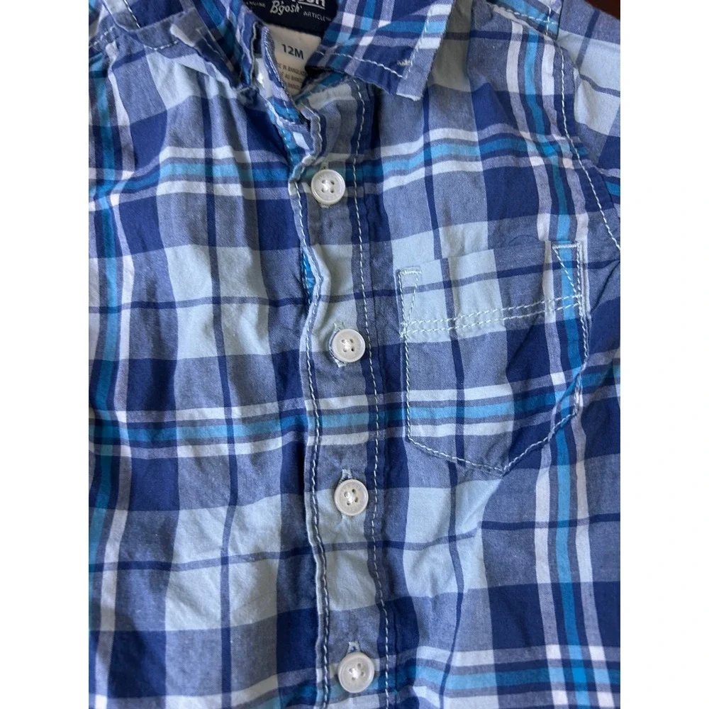 OshKosh Bgosh Baby Boys Blue Plaid Long Sleeve Button Down Bodysuit 12M